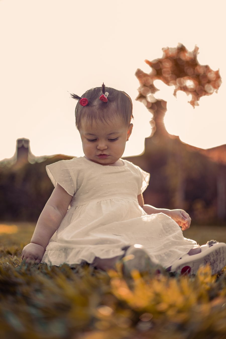 Kleines Mädchen sitzt im Herbstgras